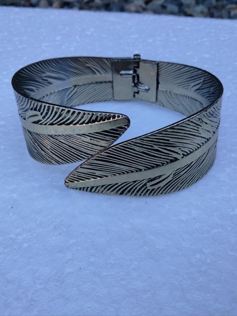 Feather-Engraved Hinged Wrap Around Bangle Cuff Bracelet in Antiqued Silver Tone